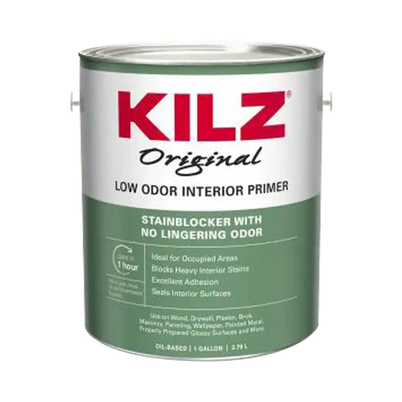 A 1-gallon can of Go Build Original Low-Odor Oil-Based Interior Primer, Sealer, and Stain Blocker in white offers stain-blocking power with minimal odor—ideal for interior projects.